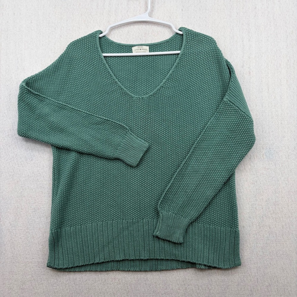 Lucky Brand Womens Sage Green V-Neck Textured Knit Pullover Sweater Size Medium